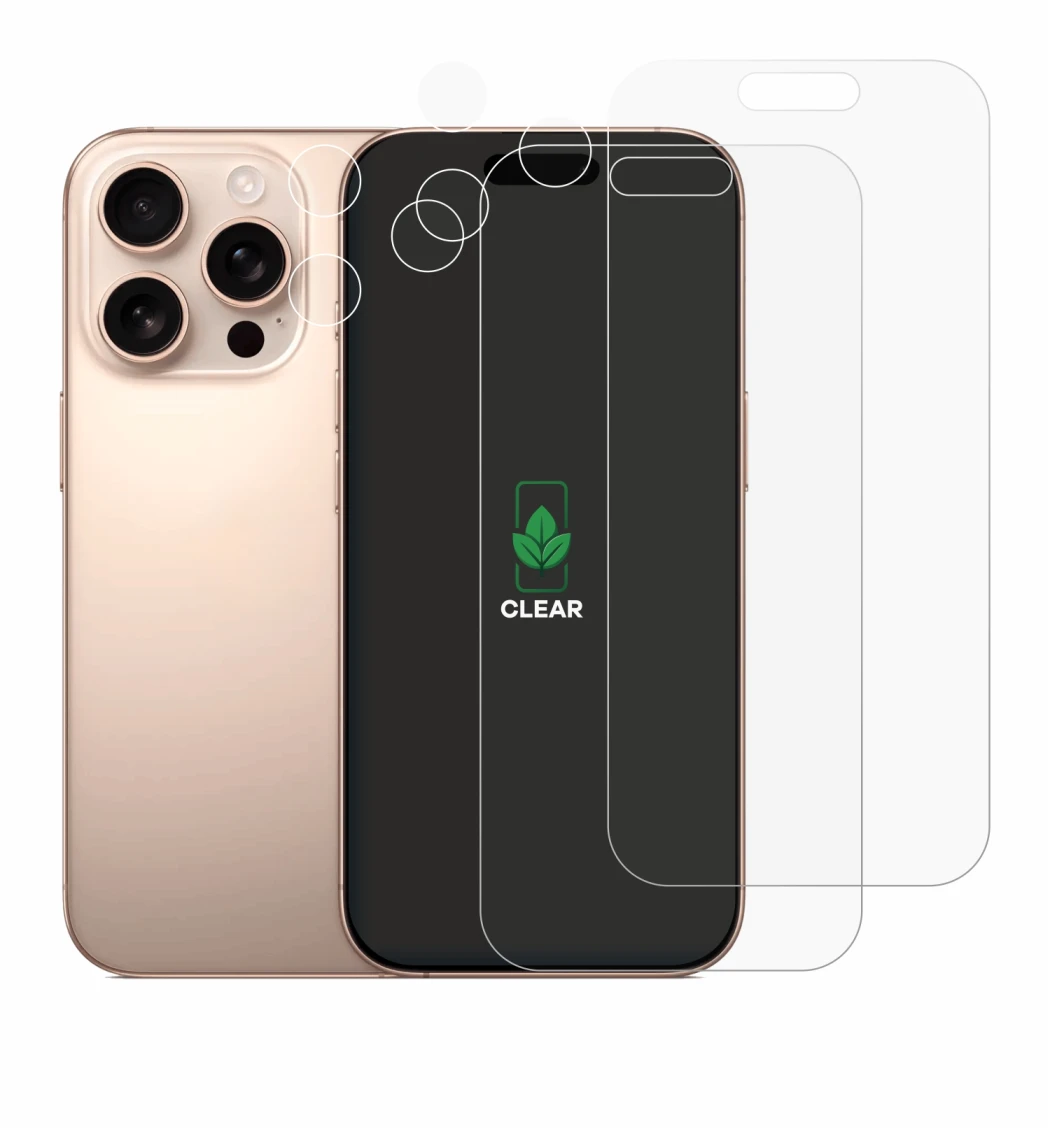 Immagine del dispositivo Apple iPhone 16 Pro (Fronte+Fotocamera) con un'ampia varietà di protezioni per lo schermo.