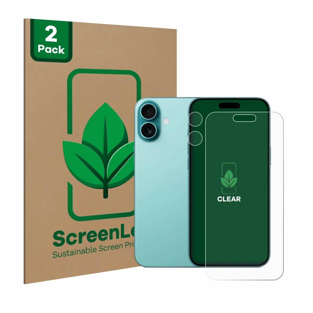 Parte frontale di una confezione del prodotto con il logo del marchio ScreenLeaf. Accanto è raffigurato il dispositivo Apple i