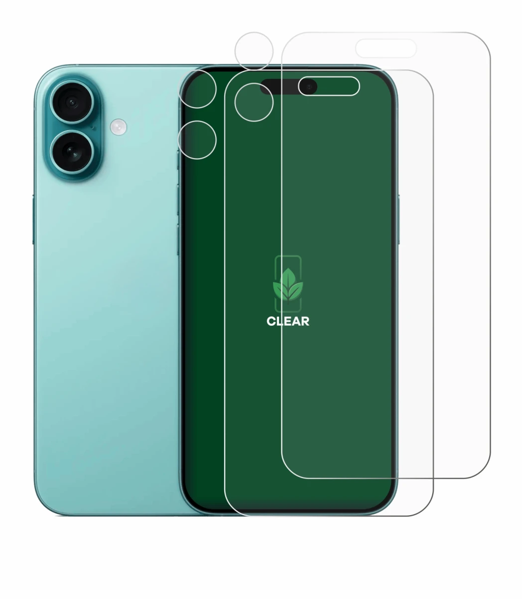 Immagine del dispositivo Apple iPhone 16 Plus (Fronte+Fotocamera) con un'ampia varietà di protezioni per lo schermo.