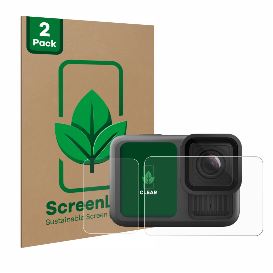 Parte frontale di una confezione del prodotto con il logo del marchio ScreenLeaf. Accanto è raffigurato il dispositivo GoPro H