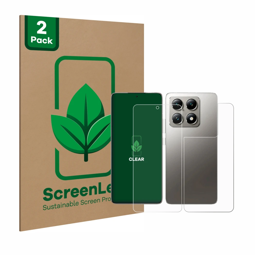 Parte frontale di una confezione del prodotto con il logo del marchio ScreenLeaf. Accanto è raffigurato il dispositivo Xiaomi 