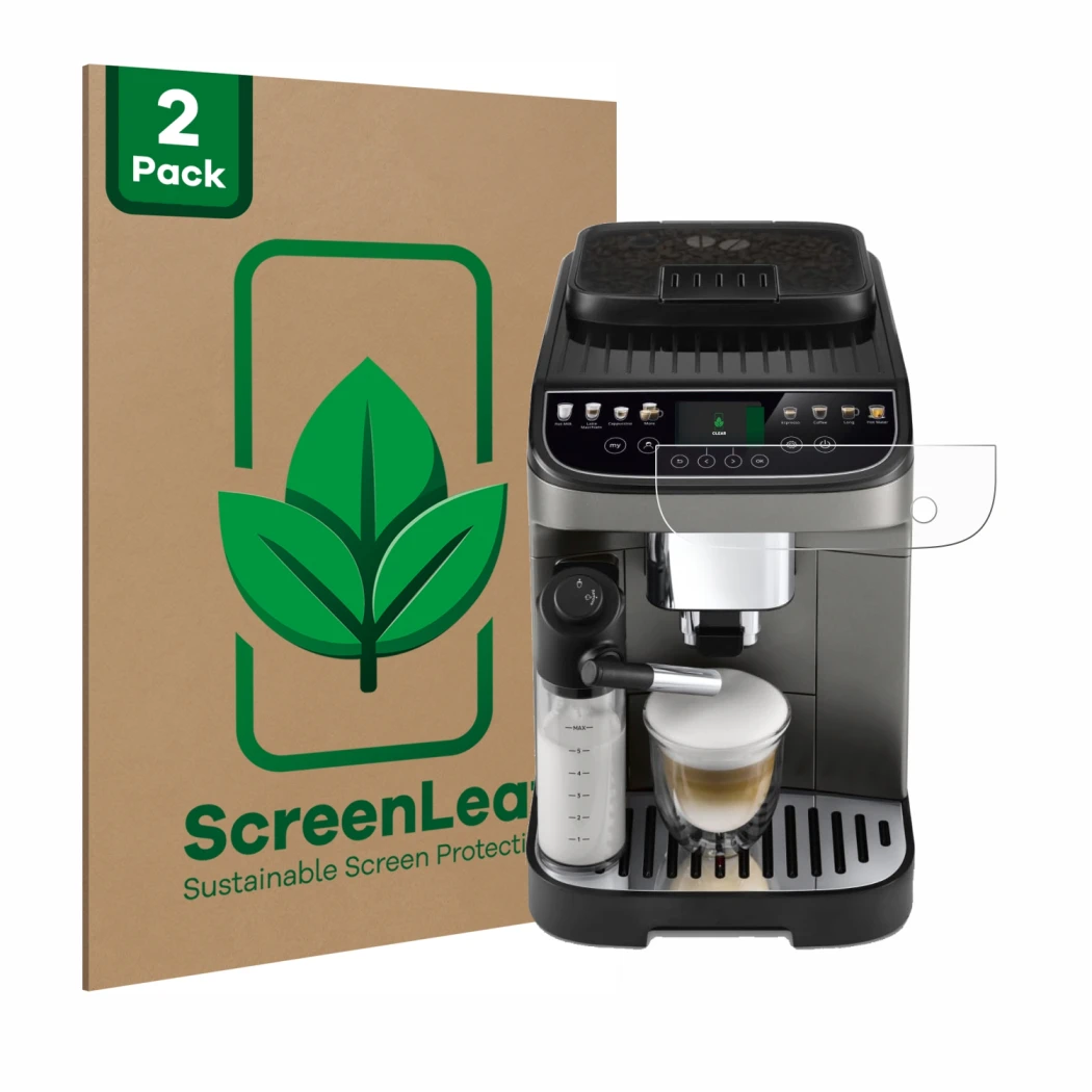 Parte frontale di una confezione del prodotto con il logo del marchio ScreenLeaf. Accanto è raffigurato il dispositivo DeLongh