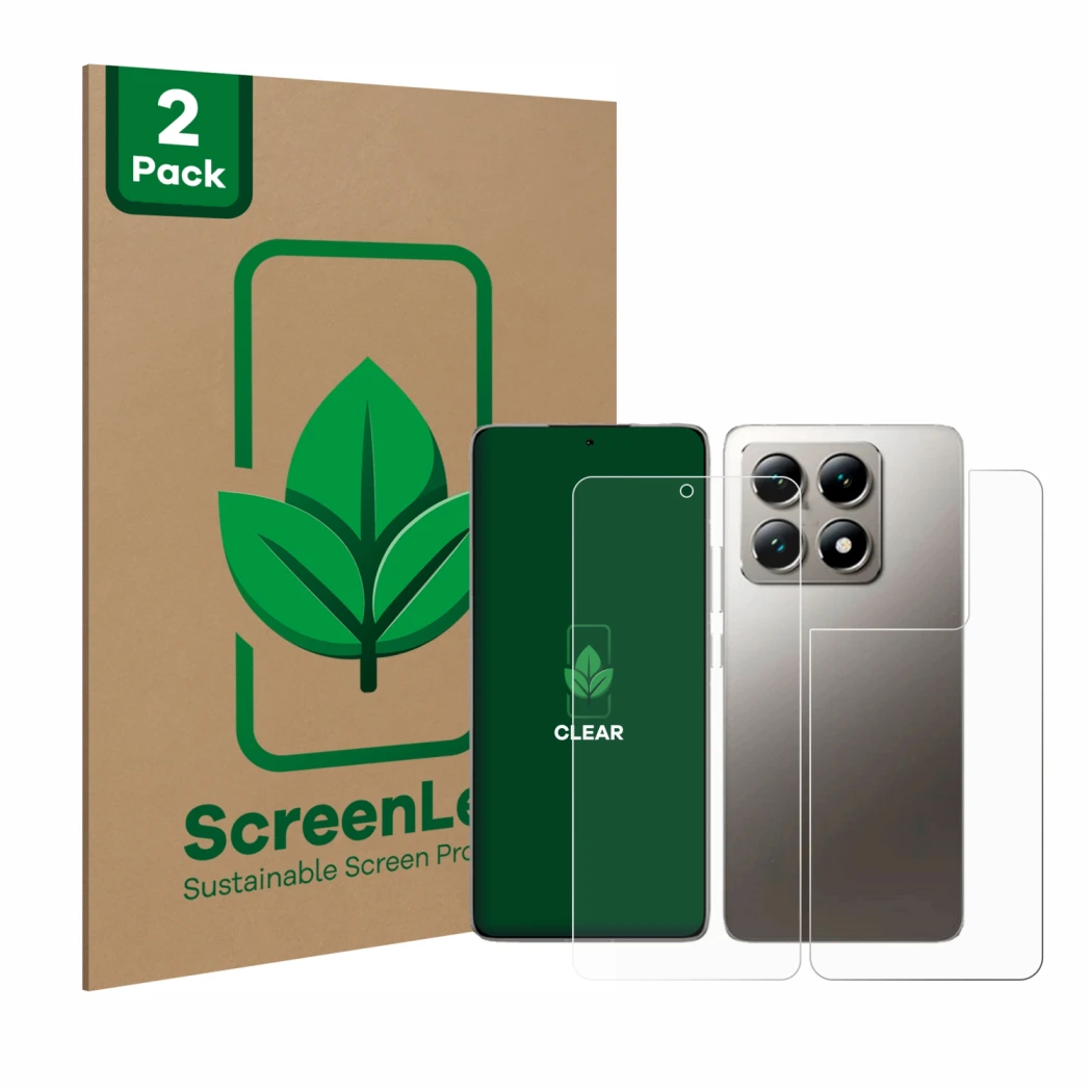 Parte frontale di una confezione del prodotto con il logo del marchio ScreenLeaf. Accanto è raffigurato il dispositivo Xiaomi 