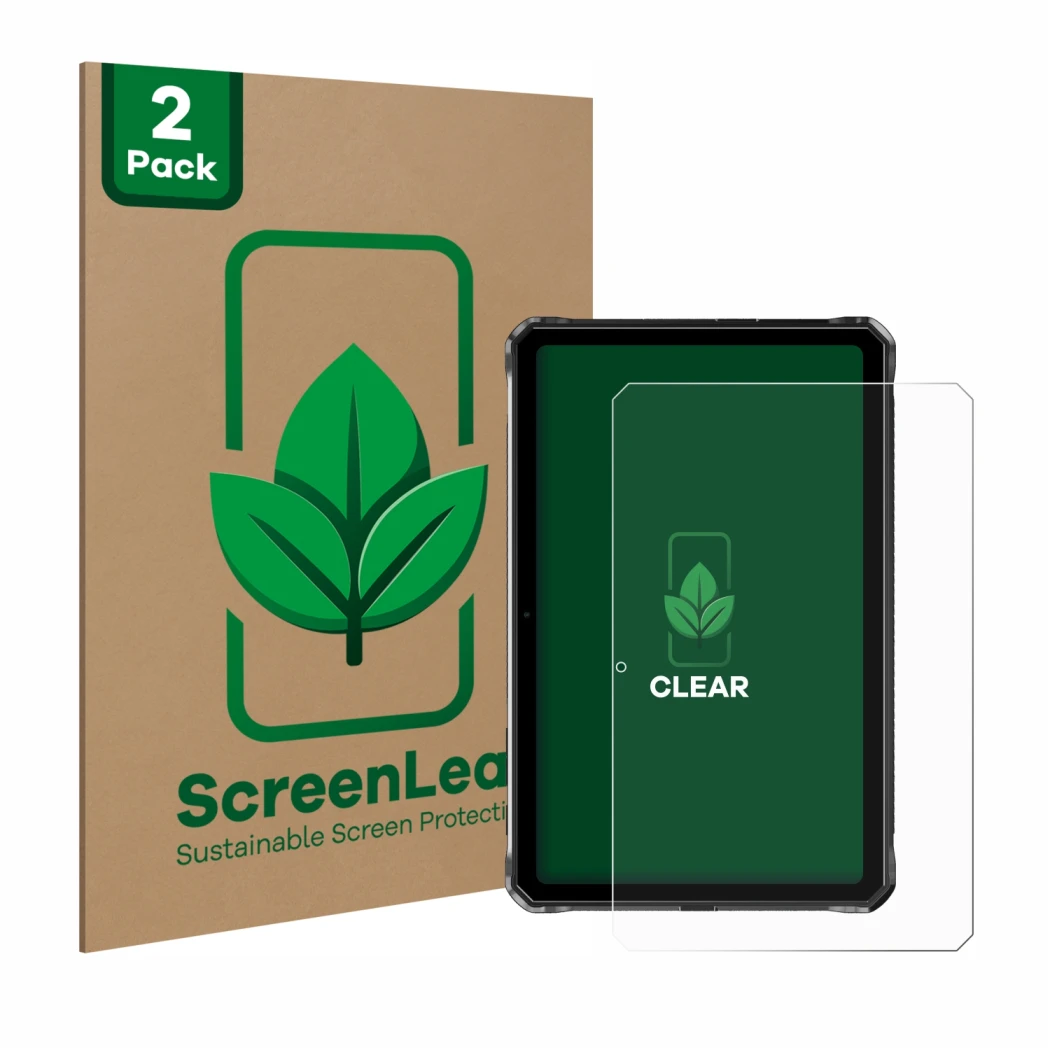Parte frontale di una confezione del prodotto con il logo del marchio ScreenLeaf. Accanto è raffigurato il dispositivo Doogee 