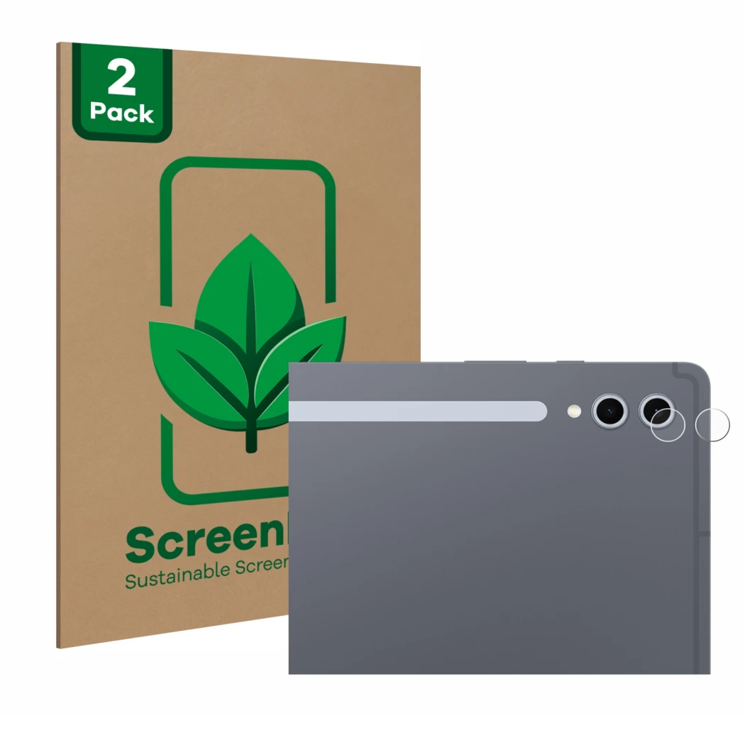 Parte frontale di una confezione del prodotto con il logo del marchio ScreenLeaf. Accanto è raffigurato il dispositivo Samsung