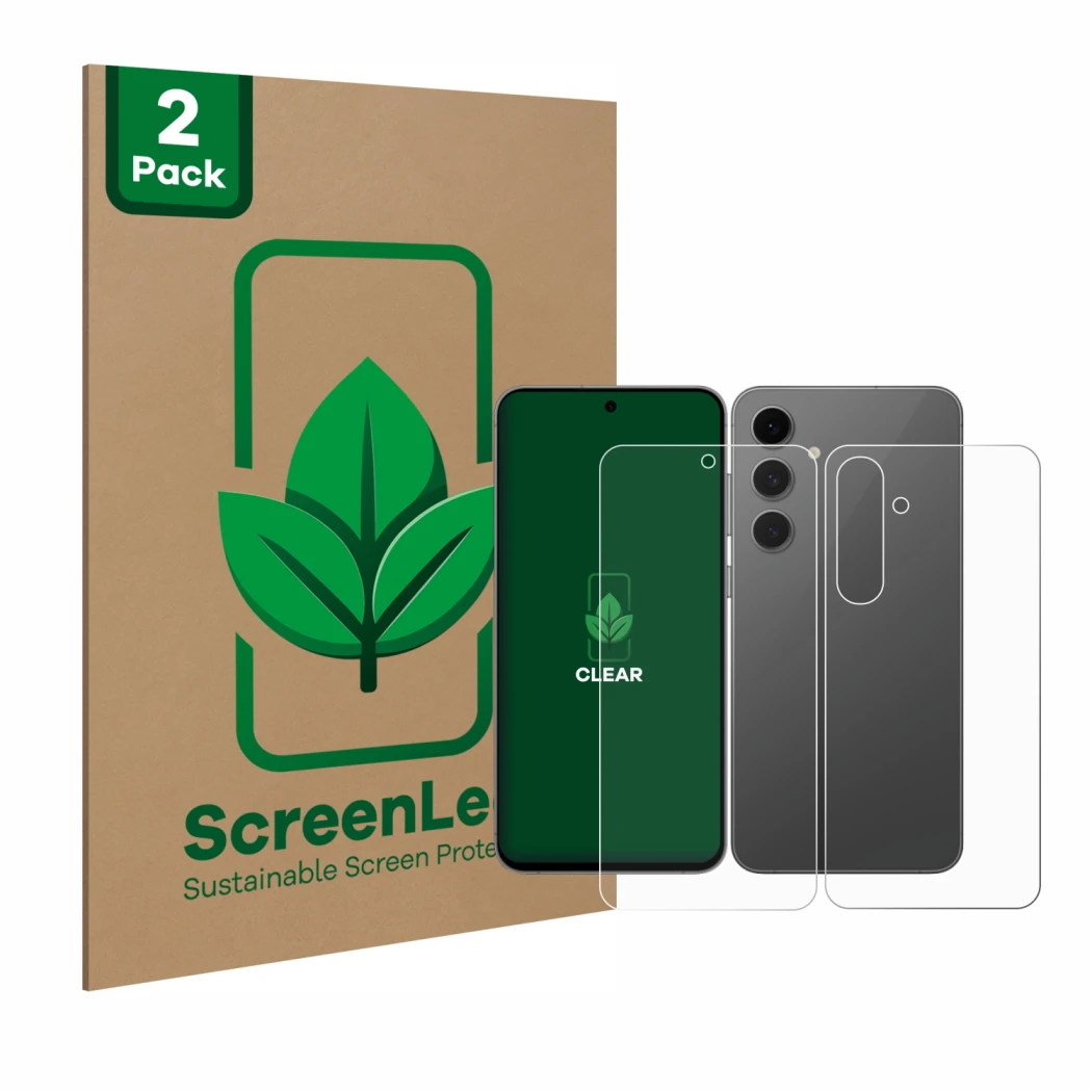 Parte frontale di una confezione del prodotto con il logo del marchio ScreenLeaf. Accanto è raffigurato il dispositivo Samsung