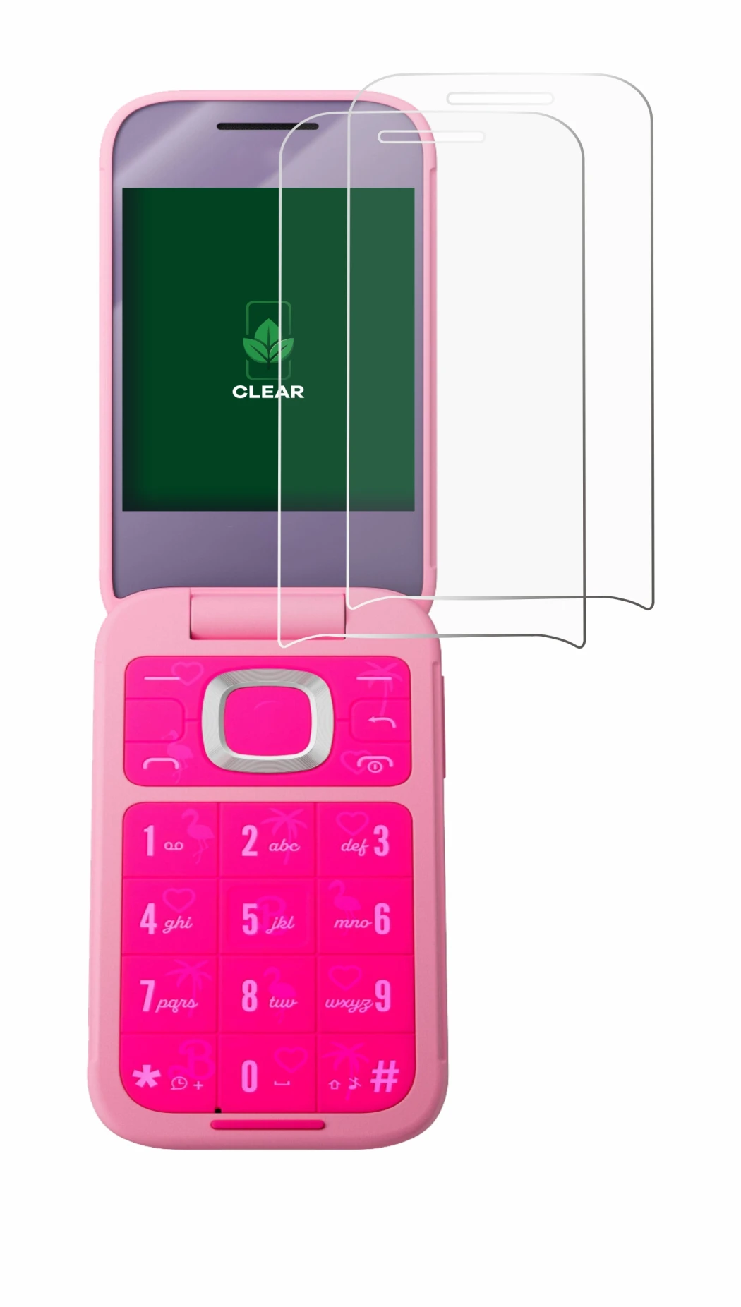 Immagine del dispositivo HMD Barbie Phone con un'ampia varietà di protezioni per lo schermo.