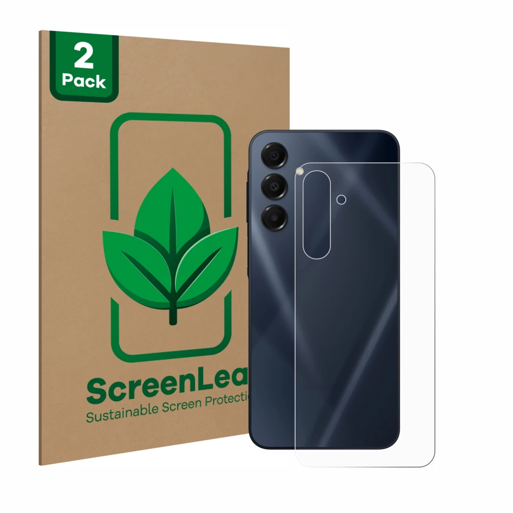 Parte frontale di una confezione del prodotto con il logo del marchio ScreenLeaf. Accanto è raffigurato il dispositivo Samsung