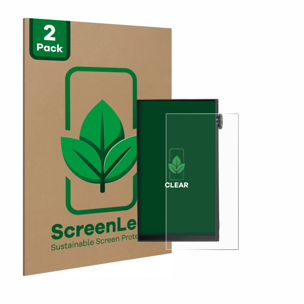 Parte frontale di una confezione del prodotto con il logo del marchio ScreenLeaf. Accanto è raffigurato il dispositivo iBasso 