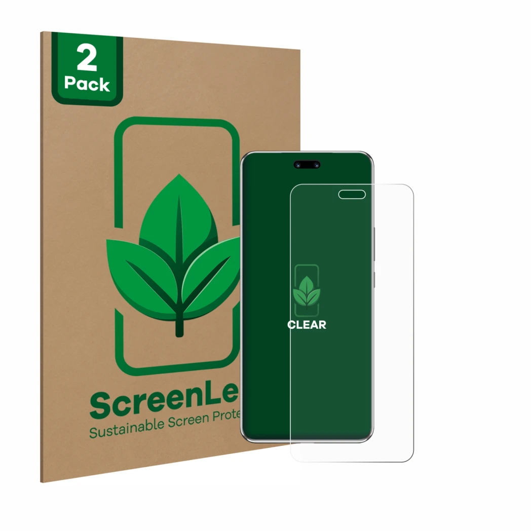 Parte frontale di una confezione del prodotto con il logo del marchio ScreenLeaf. Accanto è raffigurato il dispositivo Huawei 