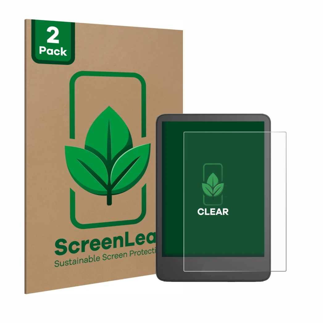 Parte frontale di una confezione del prodotto con il logo del marchio ScreenLeaf. Accanto è raffigurato il dispositivo Amazon 