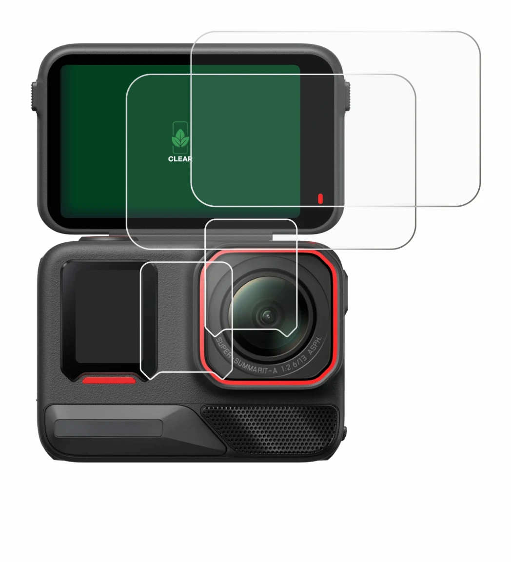 Immagine del dispositivo Insta360 Ace Pro 2 con un'ampia varietà di protezioni per lo schermo.