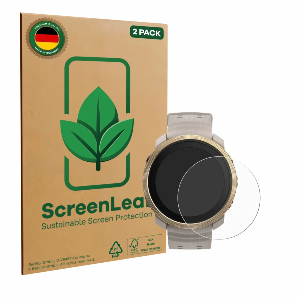 Parte frontale di una confezione del prodotto con il logo del marchio ScreenLeaf. Accanto è raffigurato il dispositivo Polar V