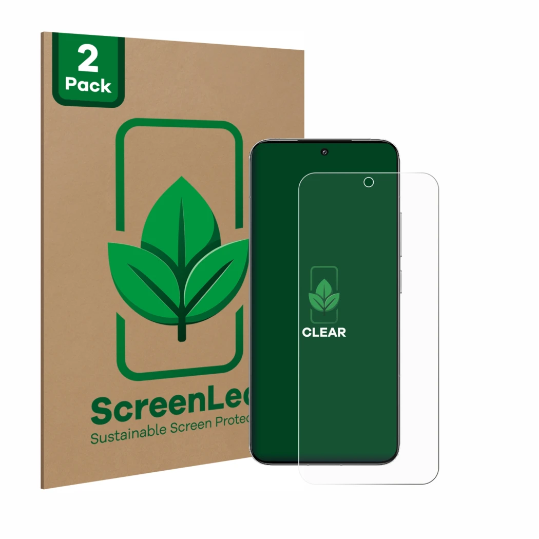 Parte frontale di una confezione del prodotto con il logo del marchio ScreenLeaf. Accanto è raffigurato il dispositivo Xiaomi 