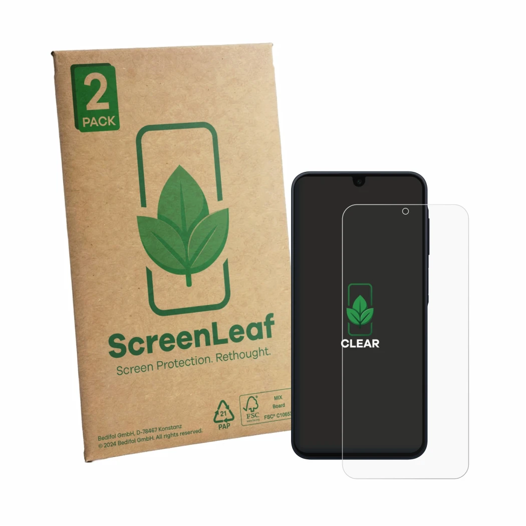 Parte frontale di una confezione del prodotto con il logo del marchio ScreenLeaf. Accanto è raffigurato il dispositivo Samsung