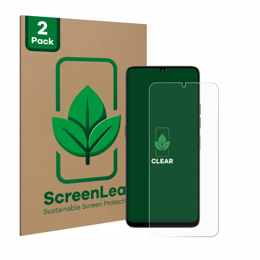 Parte frontale di una confezione del prodotto con il logo del marchio ScreenLeaf. Accanto è raffigurato il dispositivo Umidigi