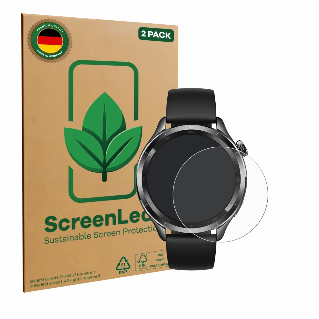 Parte frontale di una confezione del prodotto con il logo del marchio ScreenLeaf. Accanto è raffigurato il dispositivo Xiaomi 