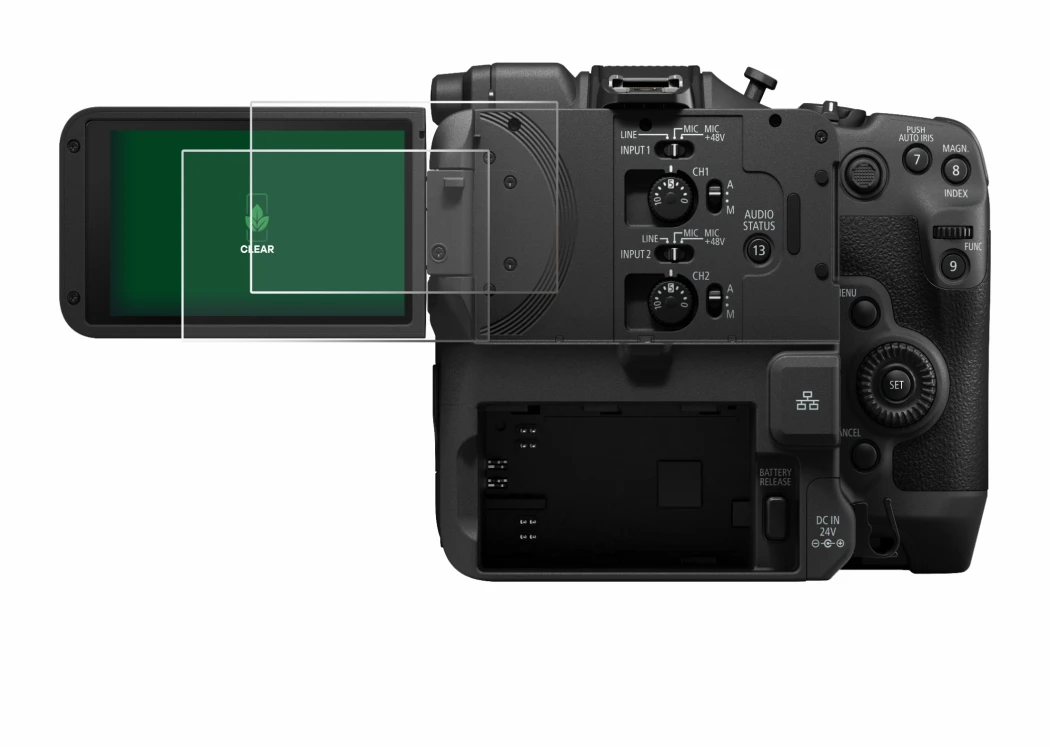 Immagine del dispositivo Canon EOS C400 con un'ampia varietà di protezioni per lo schermo.