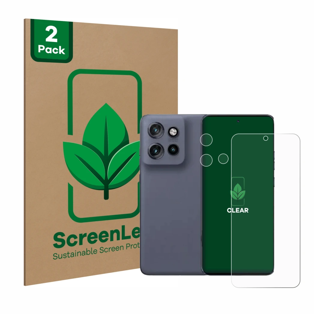 Parte frontale di una confezione del prodotto con il logo del marchio ScreenLeaf. Accanto è raffigurato il dispositivo Motorol