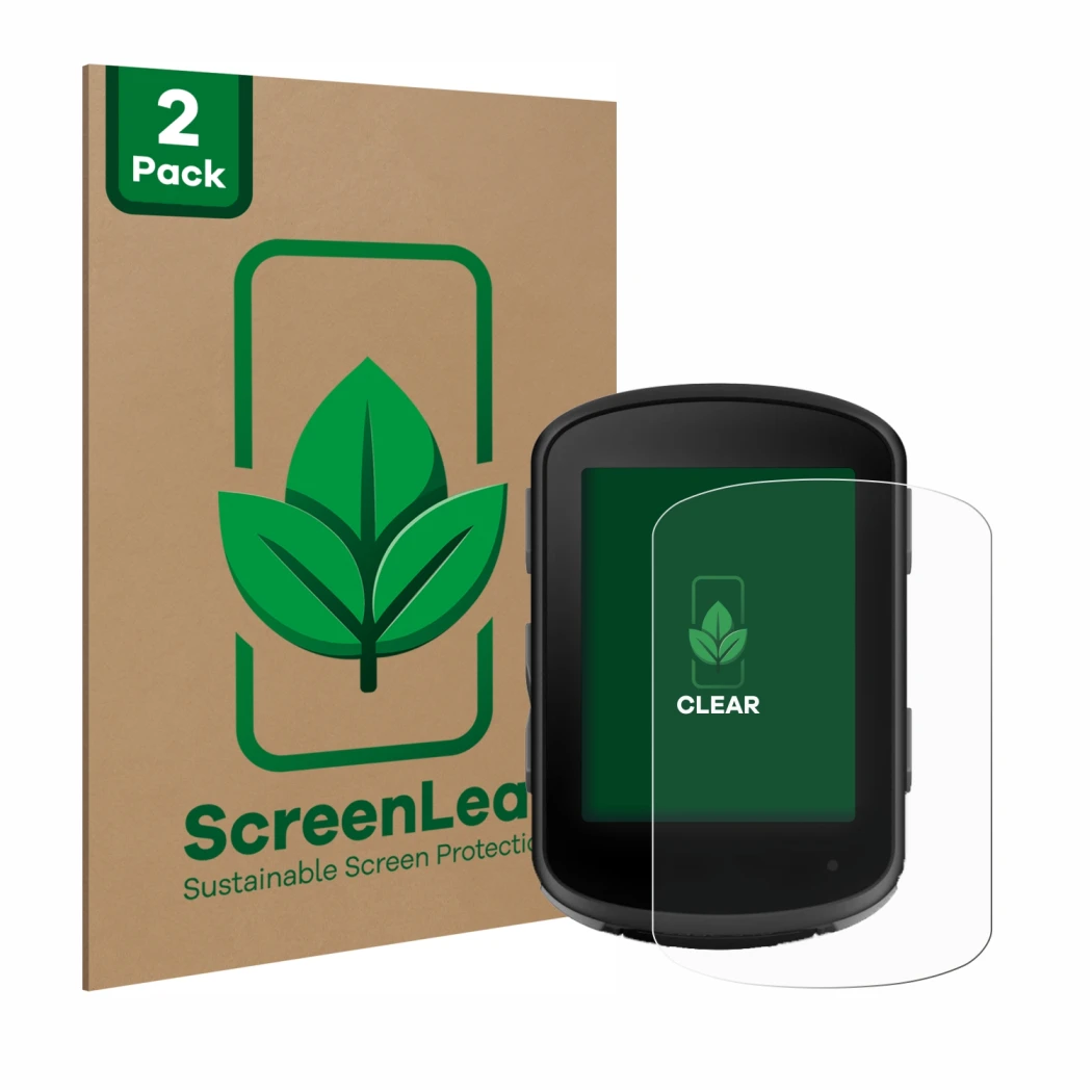Parte frontale di una confezione del prodotto con il logo del marchio ScreenLeaf. Accanto è raffigurato il dispositivo Garmin 