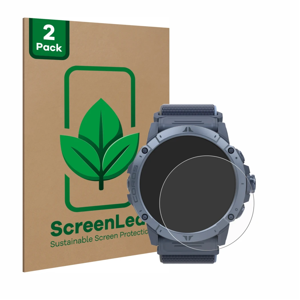 Parte frontale di una confezione del prodotto con il logo del marchio ScreenLeaf. Accanto è raffigurato il dispositivo Coros V