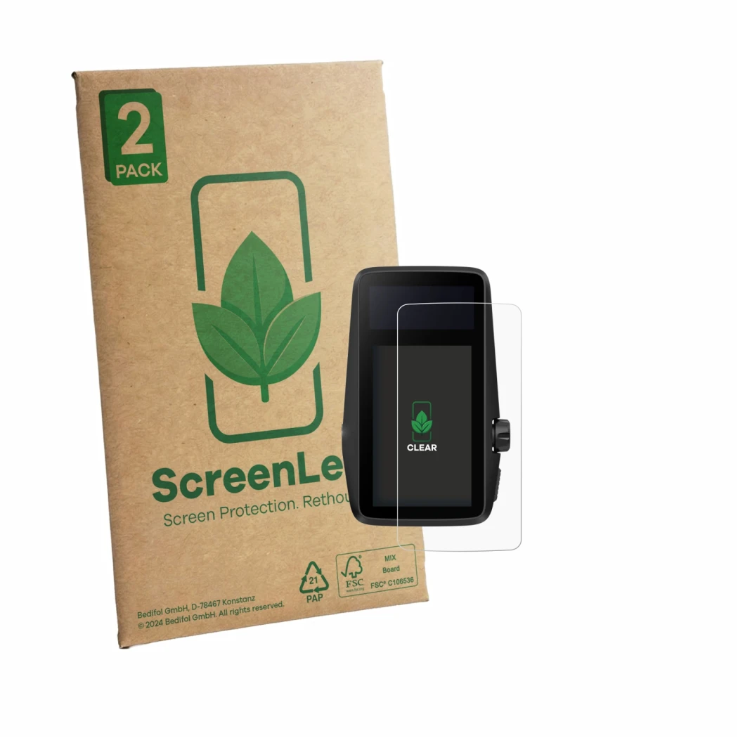 Parte frontale di una confezione del prodotto con il logo del marchio ScreenLeaf. Accanto è raffigurato il dispositivo Coros D