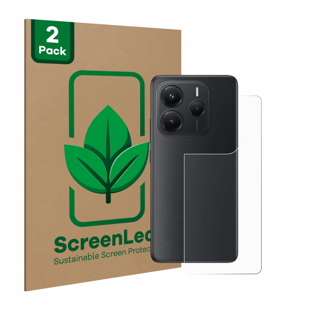 Parte frontale di una confezione del prodotto con il logo del marchio ScreenLeaf. Accanto è raffigurato il dispositivo Xiaomi 