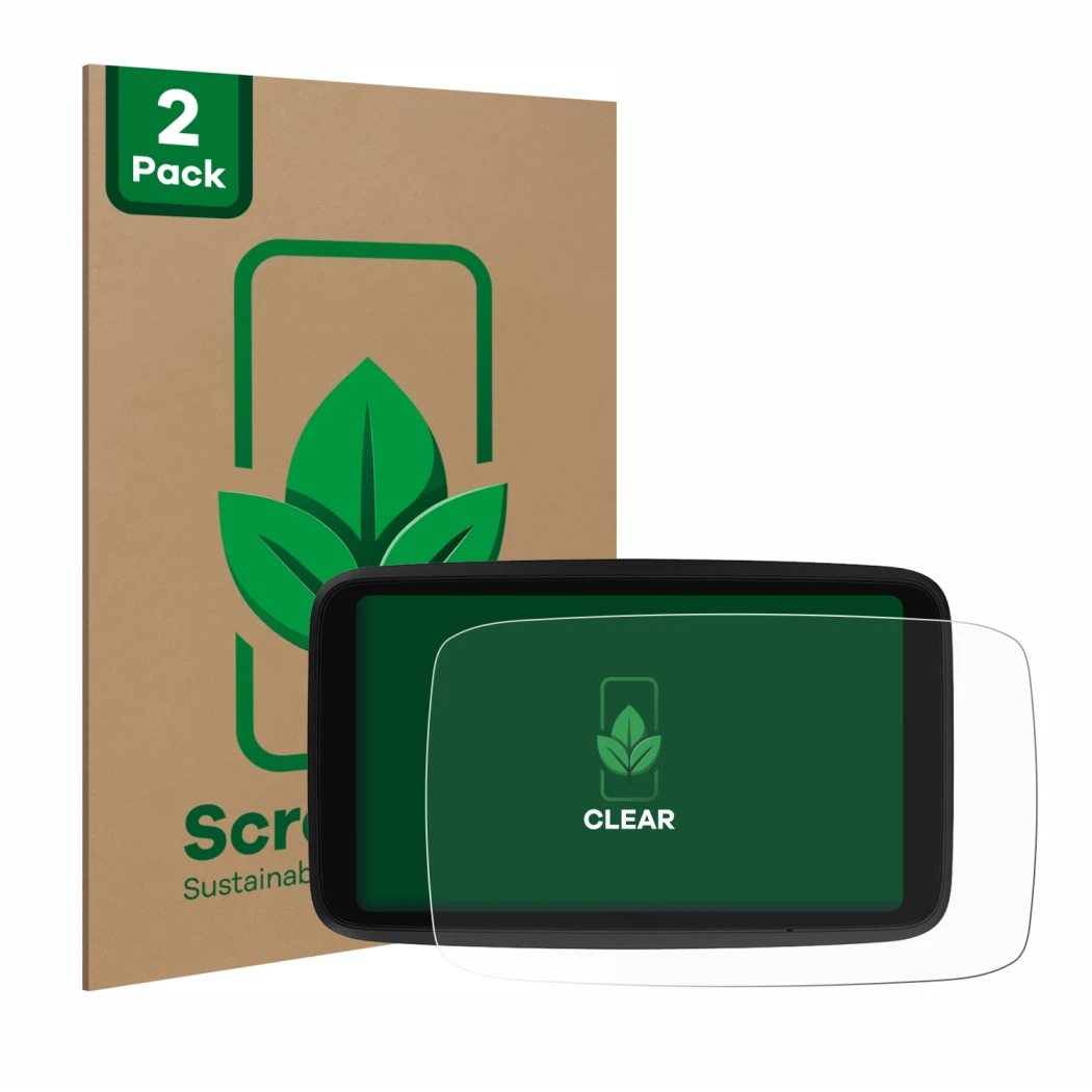 Parte frontale di una confezione del prodotto con il logo del marchio ScreenLeaf. Accanto è raffigurato il dispositivo TomTom 