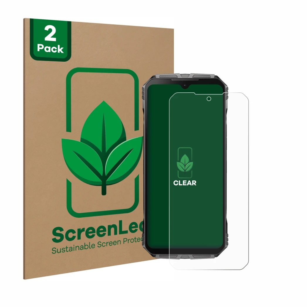 Parte frontale di una confezione del prodotto con il logo del marchio ScreenLeaf. Accanto è raffigurato il dispositivo Doogee 