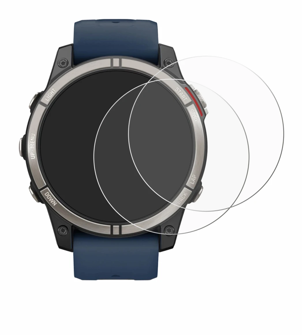 Immagine del dispositivo Garmin quatix 7 Pro con un'ampia varietà di protezioni per lo schermo.