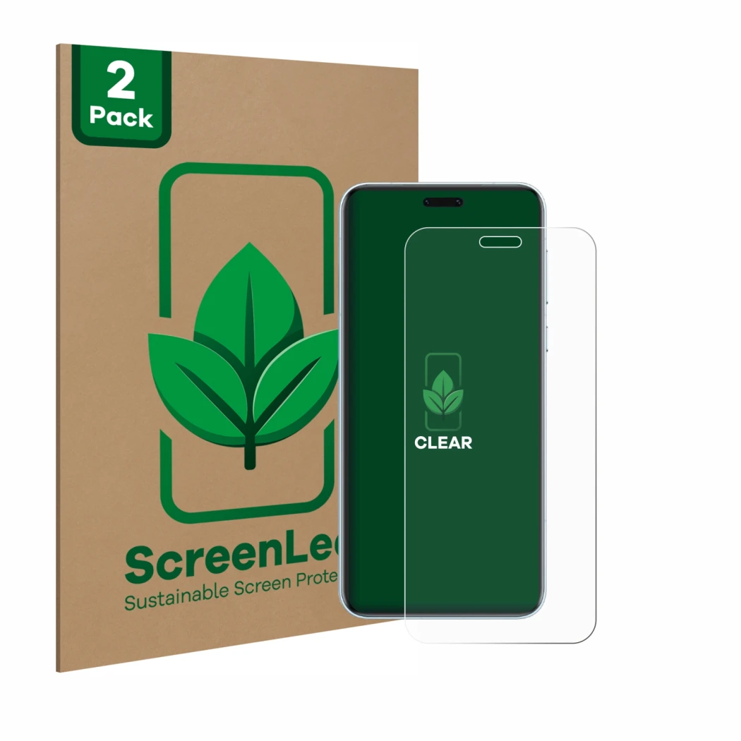 Parte frontale di una confezione del prodotto con il logo del marchio ScreenLeaf. Accanto è raffigurato il dispositivo Honor M