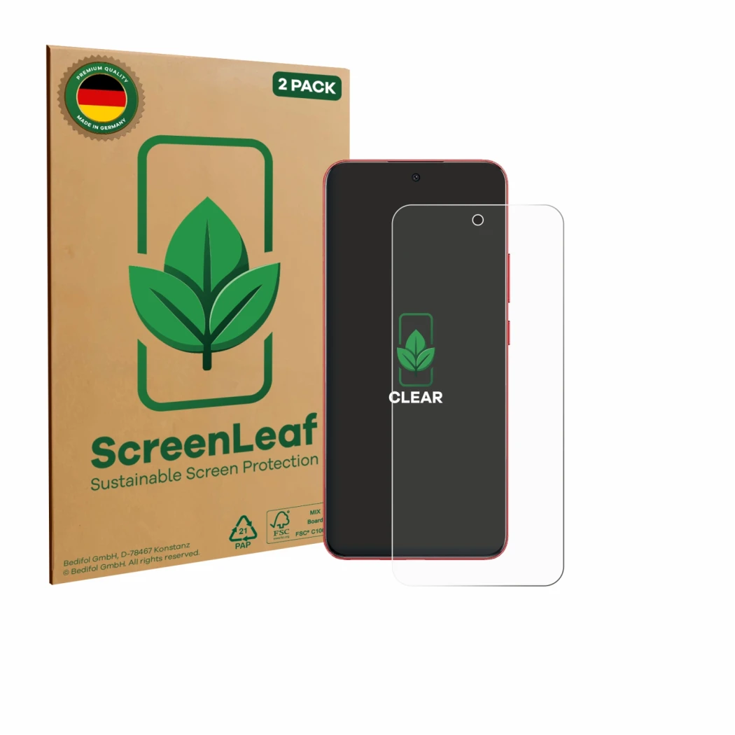 Parte frontale di una confezione del prodotto con il logo del marchio ScreenLeaf. Accanto è raffigurato il dispositivo Oppo A5