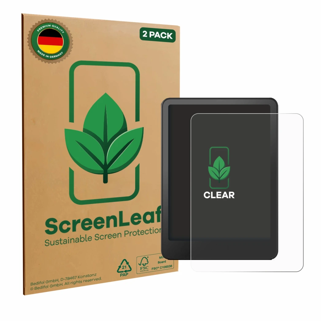 Parte frontale di una confezione del prodotto con il logo del marchio ScreenLeaf. Accanto è raffigurato il dispositivo Amazon 