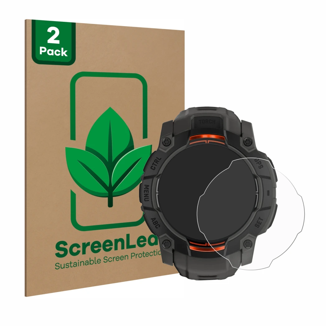 Parte frontale di una confezione del prodotto con il logo del marchio ScreenLeaf. Accanto è raffigurato il dispositivo Garmin 