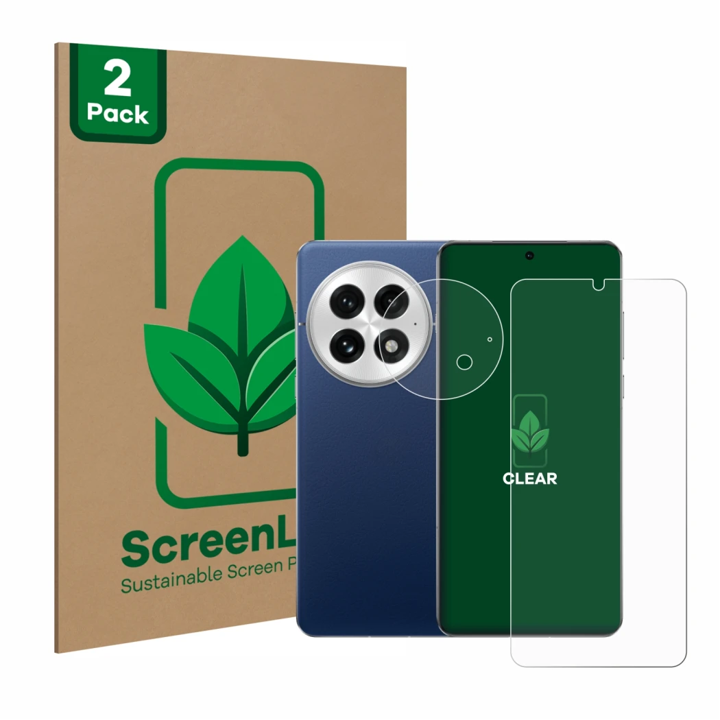 Parte frontale di una confezione del prodotto con il logo del marchio ScreenLeaf. Accanto è raffigurato il dispositivo OnePlus