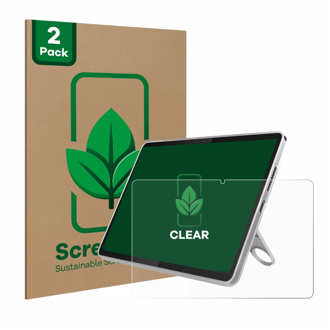 Parte frontale di una confezione del prodotto con il logo del marchio ScreenLeaf. Accanto è raffigurato il dispositivo Lenovo 
