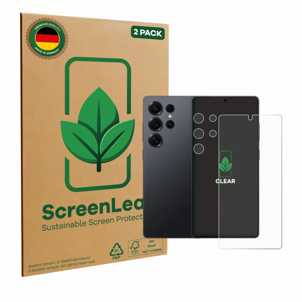 Parte frontale di una confezione del prodotto con il logo del marchio ScreenLeaf. Accanto è raffigurato il dispositivo Samsung
