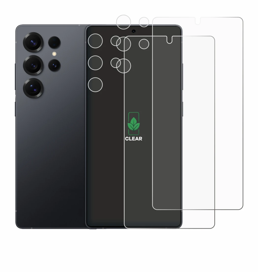 Immagine del dispositivo Samsung Galaxy S25 Ultra (Fronte+Fotocamera) con un'ampia varietà di protezioni per lo schermo.