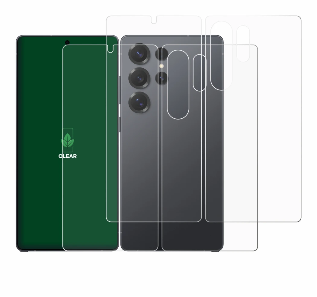 Immagine del dispositivo Samsung Galaxy S25 Ultra (Fronte+Retro) con un'ampia varietà di protezioni per lo schermo.