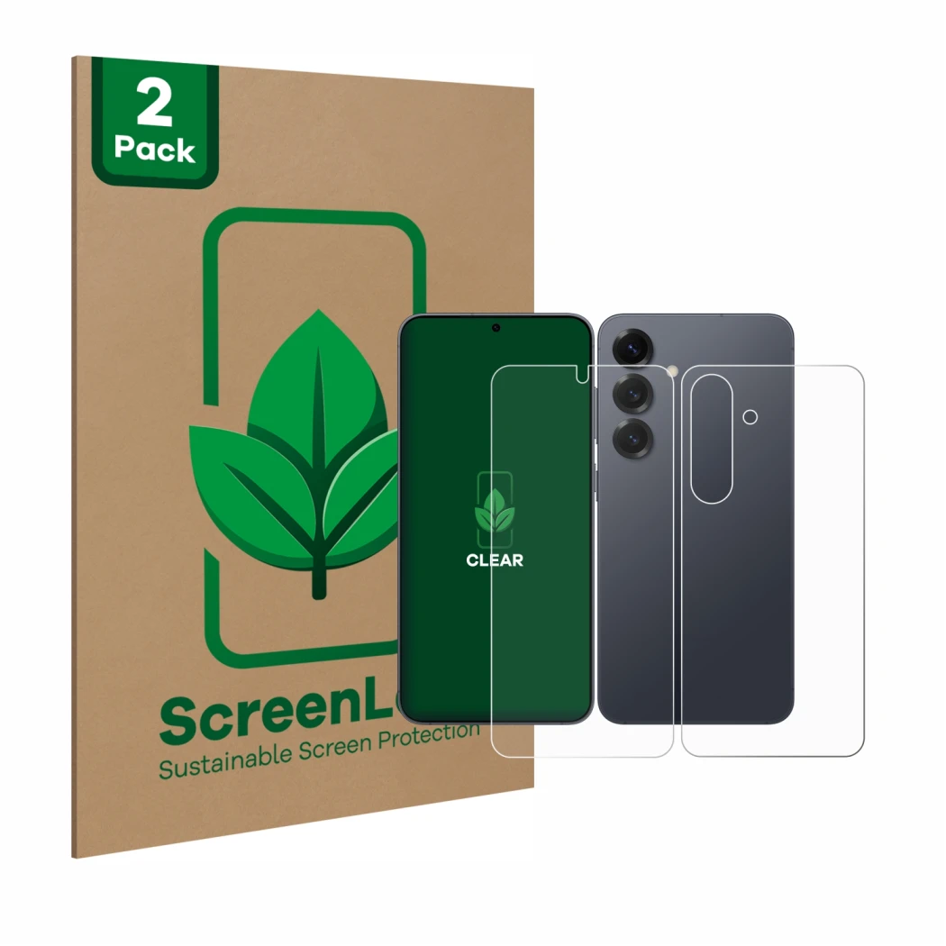 Parte frontale di una confezione del prodotto con il logo del marchio ScreenLeaf. Accanto è raffigurato il dispositivo Samsung