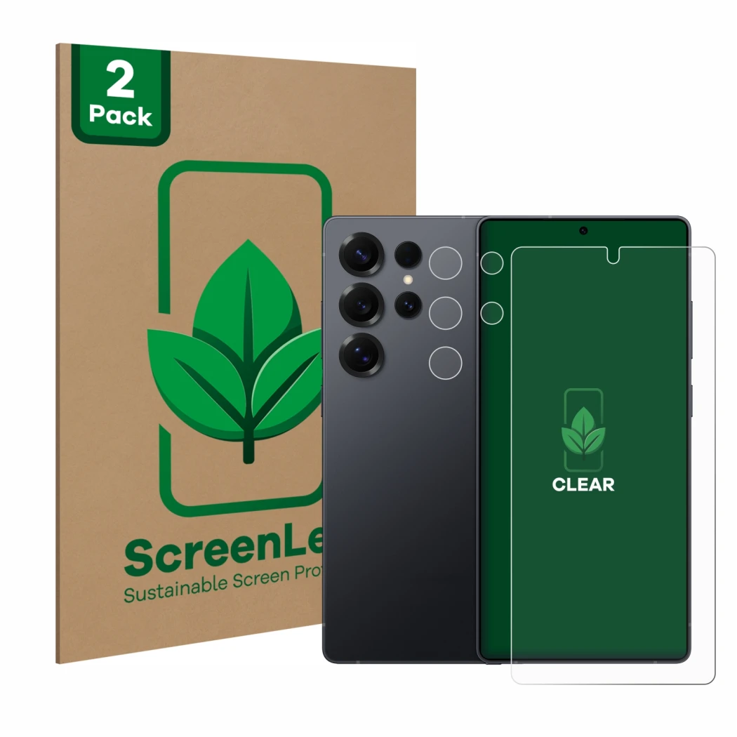 Parte frontale di una confezione del prodotto con il logo del marchio ScreenLeaf. Accanto è raffigurato il dispositivo Samsung