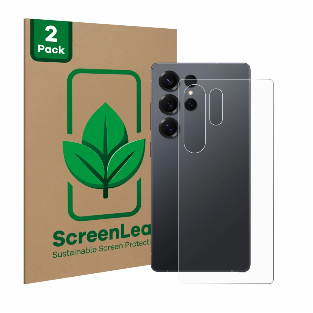 Parte frontale di una confezione del prodotto con il logo del marchio ScreenLeaf. Accanto è raffigurato il dispositivo Samsung