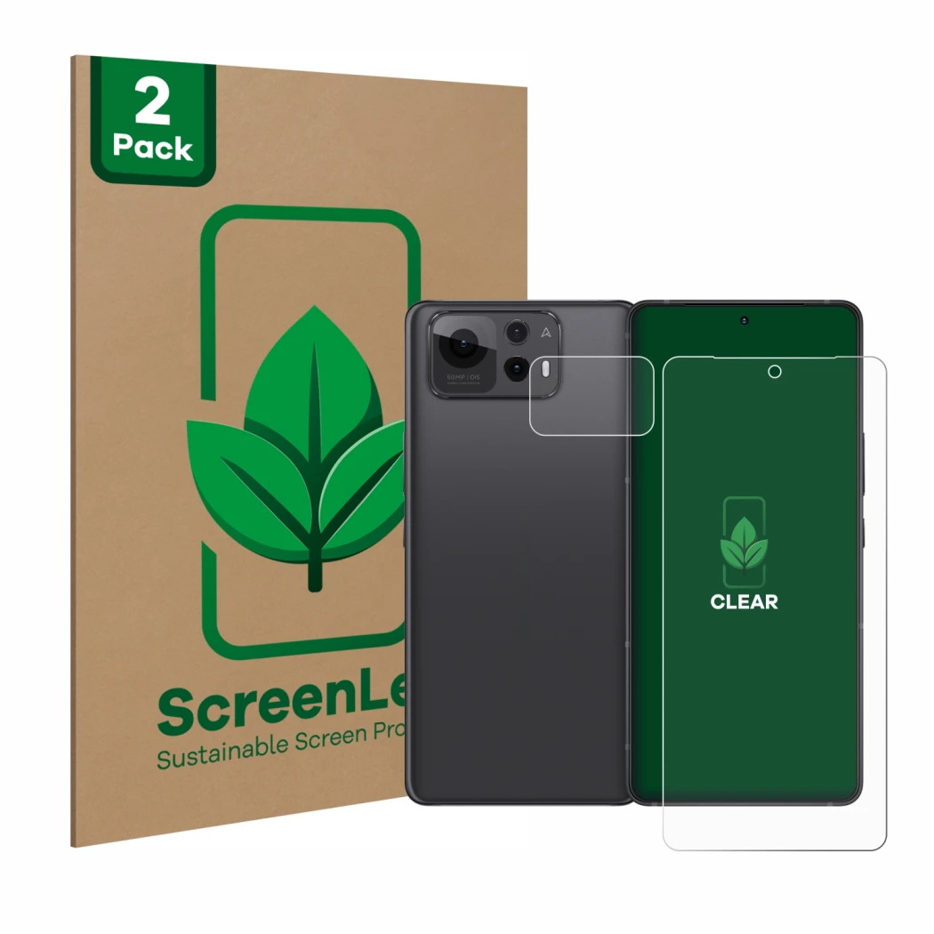 Parte frontale di una confezione del prodotto con il logo del marchio ScreenLeaf. Accanto è raffigurato il dispositivo ASUS Ze