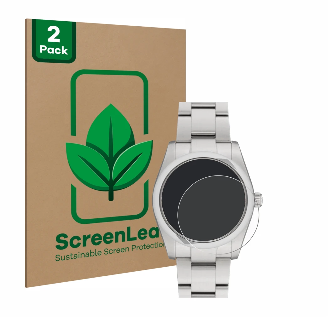 Parte frontale di una confezione del prodotto con il logo del marchio ScreenLeaf. Accanto è raffigurato il dispositivo Rolex O