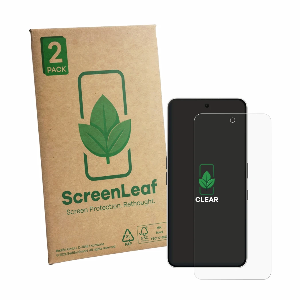 Parte frontale di una confezione del prodotto con il logo del marchio ScreenLeaf. Accanto è raffigurato il dispositivo Nothing