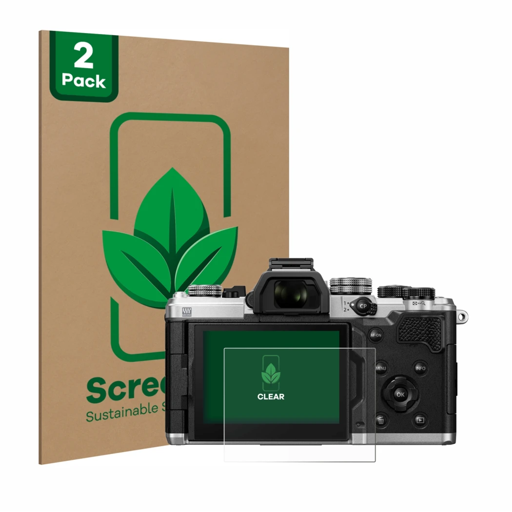 Parte frontale di una confezione del prodotto con il logo del marchio ScreenLeaf. Accanto è raffigurato il dispositivo OM Syst