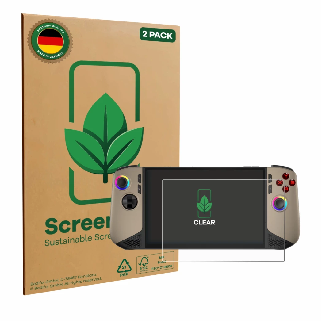 Parte frontale di una confezione del prodotto con il logo del marchio ScreenLeaf. Accanto è raffigurato il dispositivo MSI Cla