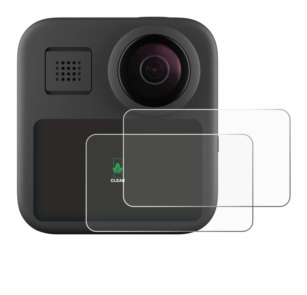 Immagine del dispositivo GoPro Max (2025) con un'ampia varietà di protezioni per lo schermo.
