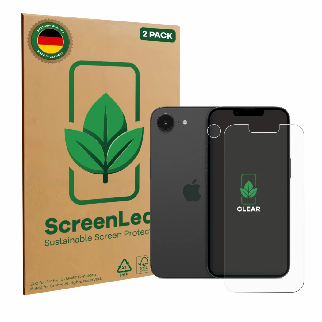 Parte frontale di una confezione del prodotto con il logo del marchio ScreenLeaf. Accanto è raffigurato il dispositivo Apple i
