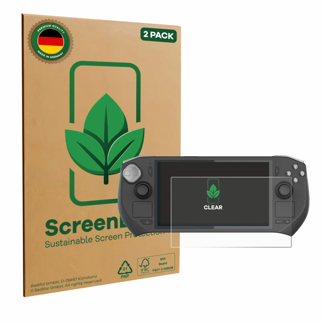 Parte frontale di una confezione del prodotto con il logo del marchio ScreenLeaf. Accanto è raffigurato il dispositivo Zotac G